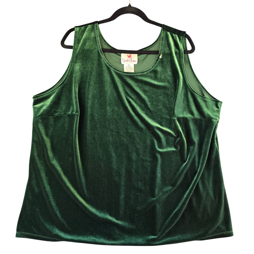 Quacker Factory Tank Top Women 2X Emerald Green Velvet Sequin Trim Round Neck